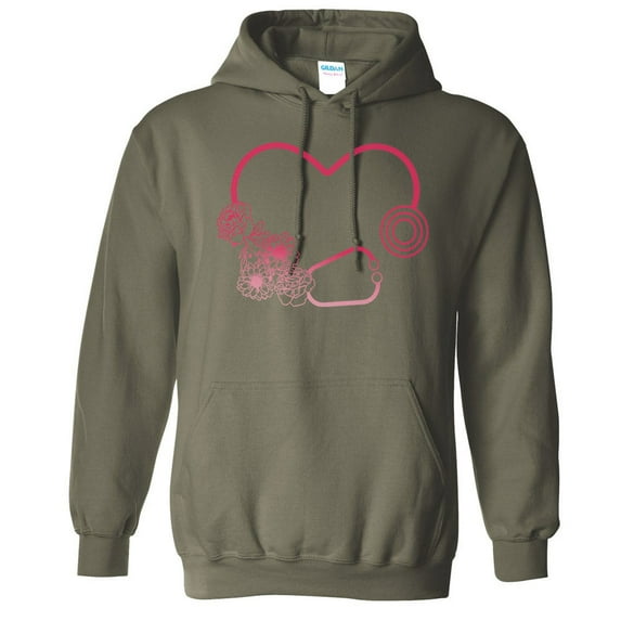 Heart Flowers Stethoscope Hoodie Sweatshirt Unisex X-Large Military Green