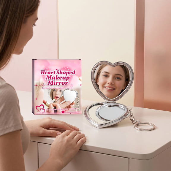 Heart Folding Mirror, Double Sided Mini Vanity Mirror, Portable Travel Makeup, Glitter, Frosted Plastic And Glass, Purse Cosmetic Looking Glass, 2.76Inch