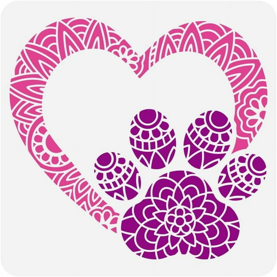Heart Footprint Painting Stencil 11.8x11.8 inch Plastic PET Heart Pattern Stencil for Painting Hollowed Footprint Paw Print Drawing Template Reusable Mandala Flower Patterns Stencil
