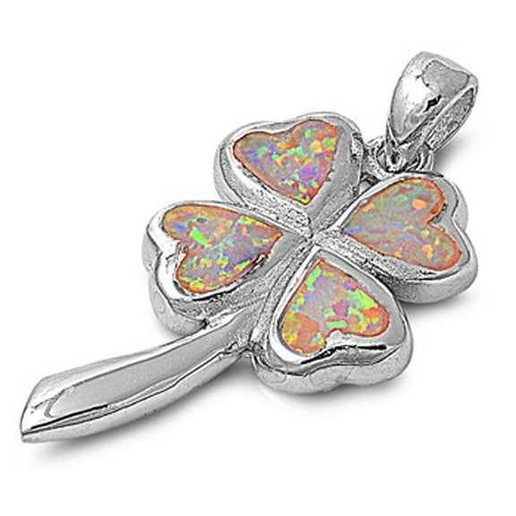 Heart Four Leaf Clover Pendant White Simulated Opal .925 Sterling Silver Charm Jewelry Female Unisex