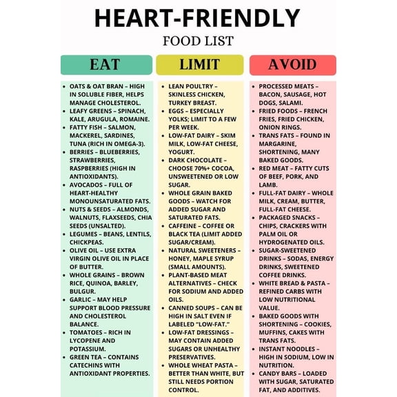 Heart Friendly Food List Poster, Low Cholesterol List, Cholesterol Grocery List Poster, Dietary Restriction Avoidance Chart, Low-fat Food List Poster