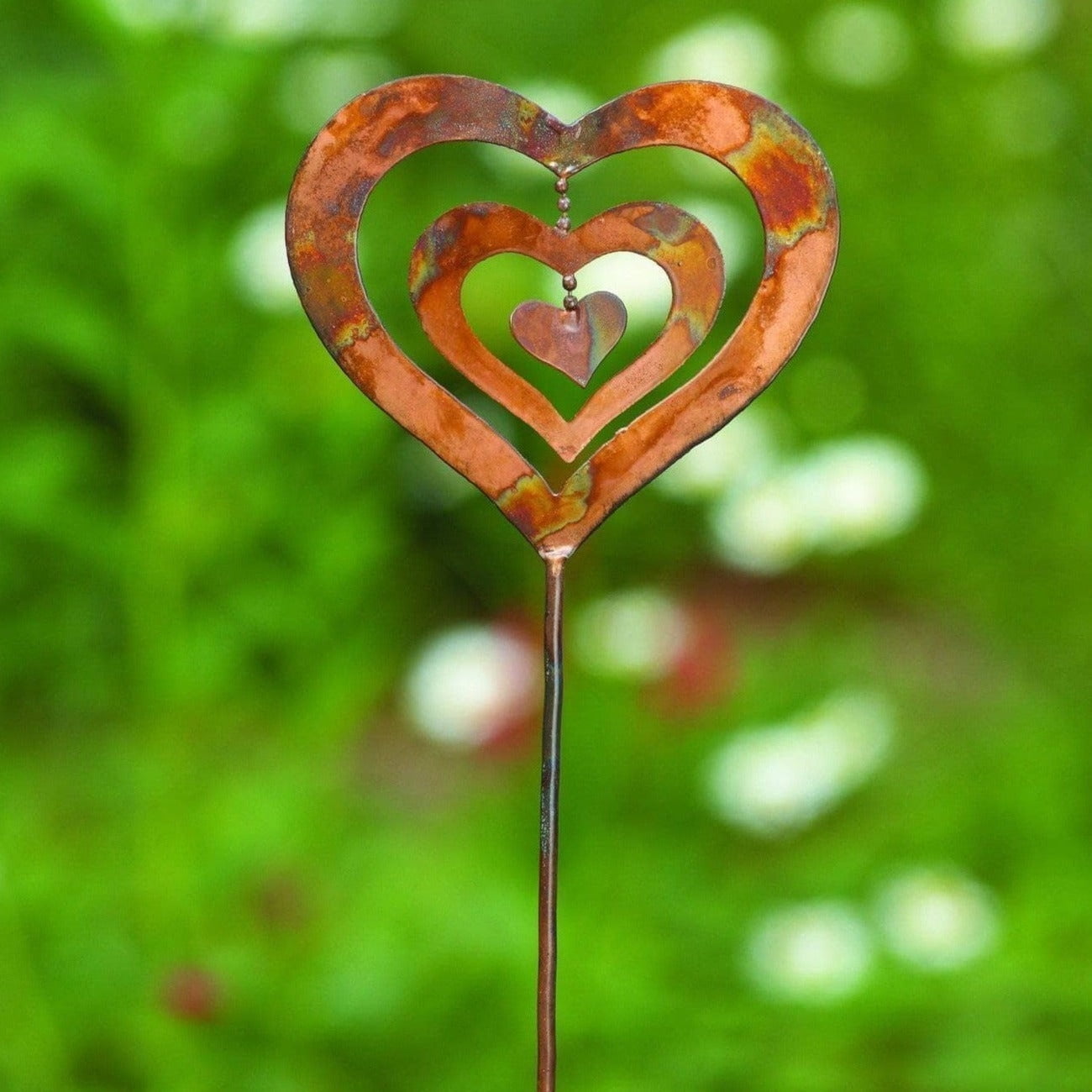Handcrafted Flamed Copper Triple Heart Garden Stake
