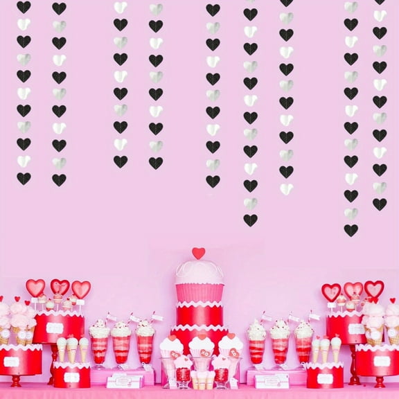 Heart Garland 52ft Black White Silver, Party Decoration Backdrop Streamers for Birthday, Wedding, Graduation and New Years Eve Decor