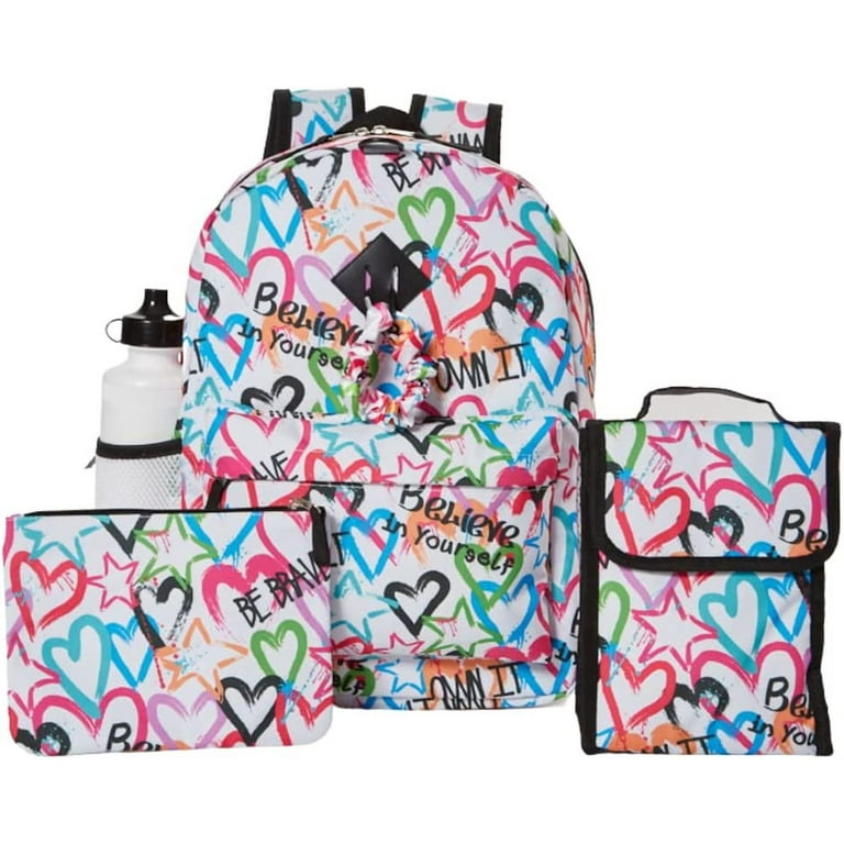 Heart Girls Backpack with Lunch Box and Water Bottle 6 Piece Set 16 inch
