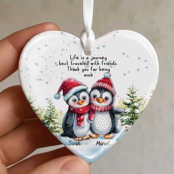 Heart Glass-Look Ceramic Penguin Holiday Keepsake - Personalized 'Our First Christmas Together' Couple Ornament, Custom Names & Year