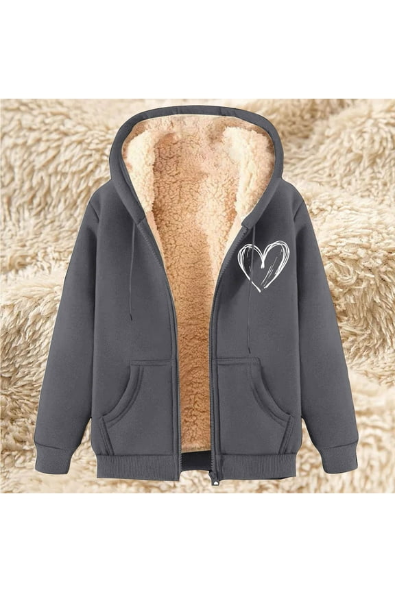Heart Graphic Coats for Women Zip Up Thick Warm Fuzzy Drwastring Hoodies with Pockets Fleece Casual Long Sleeve Jackets 2025 Fall Winter Outerwear Blouses
