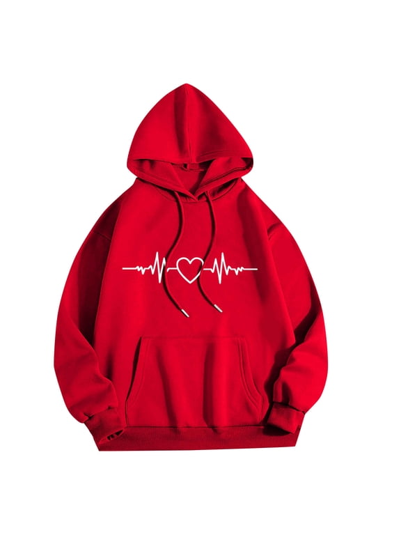 Heart Graphic Hoodie Women Preppy 2025 - Barbell Love Print Long Sleeve Pullover Cute Teen Girls Trendy Drawstring Casual Going Out Top