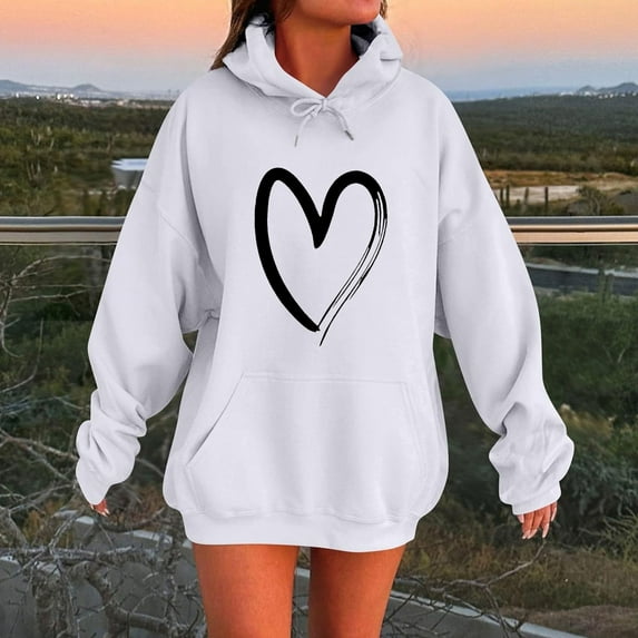 Heart Graphic Hoodies for Women Trendy Casual Pullover Sweatshirts Hooded Loose Fit Oversized Preppy Clothes Cute Loungewear Fashion Plus Size Cotton Hoodie