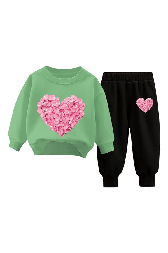 Heart Graphic Sweatsuits Toddler Girls Tracksuit 3t Two Piece Fall Spring Outfit Winter Wear Sweatpants Tops Sweat Suits, Green, 4 Years