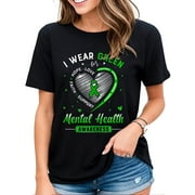Heart Graphic T Shirt for Women I Wear Green For Mental Health Awareness Month Casual Short Sleeve Tops,Crew Neck T Shirts-2XL