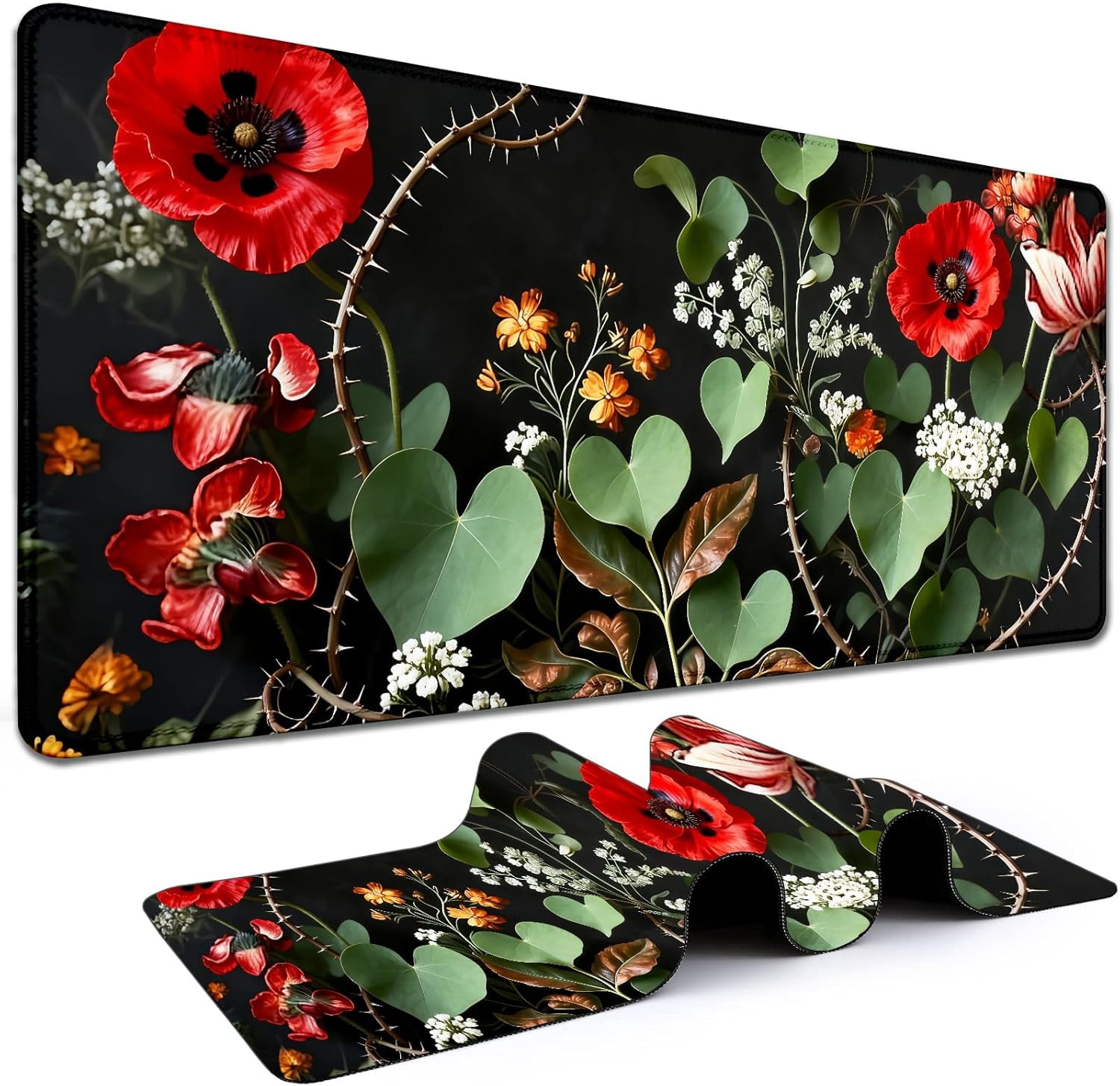 Heart Green Leaf Flower Large Mouse and Keyboard Pad, 31.5"x11.8" Full Desk Mat, Non-Slip Base, Smooth Cloth Surface, for Gaming, Office Work, Computer, PC, Laptop and Home Desktop
