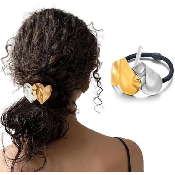 Heart Hair Ties For Women Hammered  And  Stain Steel Metal And Elastic Pony Tails Ties No  Cute Hair Accessories