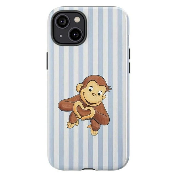Heart Hands Curious Monkey Phone Case, Cute Cartoon with Love Gesture on Blue Striped Background, Wholesome Artistic iPhone Cover for iPhone 17 16 15 14 13 12 11 Plus Pro Max Mini