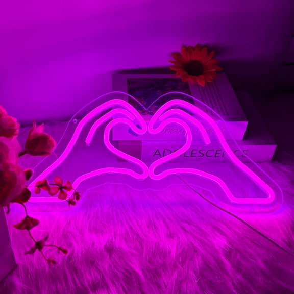 Heart Hands Neon Sign for Wall Decor, Pink Love Hand Neon Light with Dimmer and USB, Gift for Girls Led Light Up Sign for Bar, Hotel, Cafe, VIP Room, Home Decoration