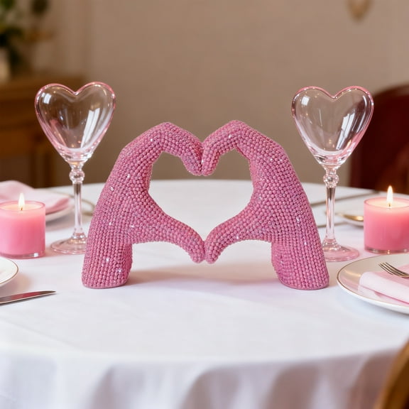 Heart Hands Statue - Love Finger Sculptures, Sparkles Under Light, Modern Home Decor Art for Living Room, Bedroom, Office, Bookshelf, Wedding - Pink