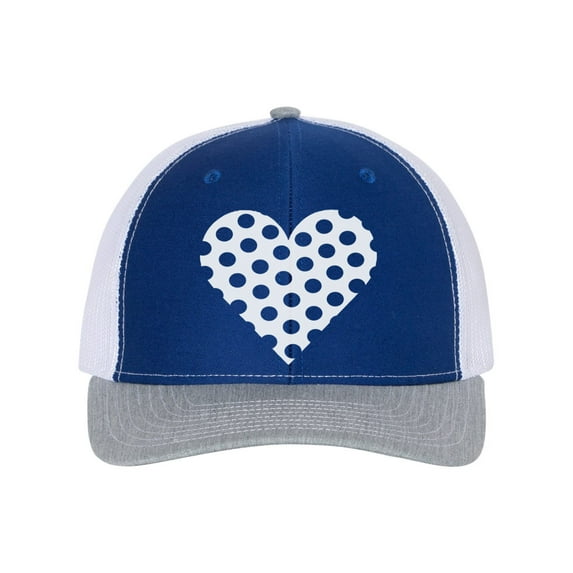 Heart Hat, Polka Dot Heart, Trucker Hat, Heart Cap, Adjustable, Women's Trucker Hat, Polka Dot Hat, Heart Snapback, 10 Colors!, White Text, Royal/White/Heather