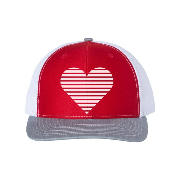 Heart Hat, Striped Heart, Trucker Hat, Heart Cap, Adjustable, Women's Trucker Hat, Kids Heart Hat, Heart Snapback, 10 Colors!, White Text, Red/White/Heather