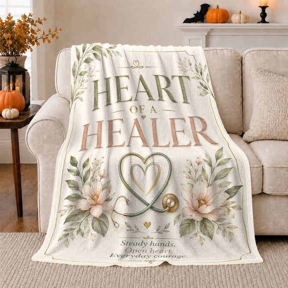 Heart Of Healer Nursing Appreciation Elegant Magnolia Floral, Cozy Typography Art Scene, Warm Flannel Blanket for Living Room and Reading Nook, Art Lovers Graduation Gift, Artistic Home Decor