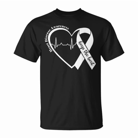 Heart Health Awareness Heartbeat CHD Wear Red Graphic Tee Unisex Adult Cotton Shirt for Heart Disease Support Events, Advocacy Outfit, Gift Idea for Health Campaigns, Size L, Color Black