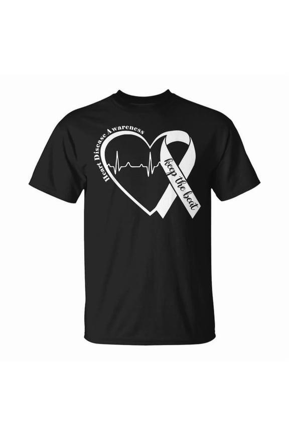 Heart Health Awareness Heartbeat CHD Wear Red Graphic Tee Unisex Adult Cotton Shirt for Heart Disease Support Events, Advocacy Outfit, Gift Idea for Health Campaigns, Size M, Color Black