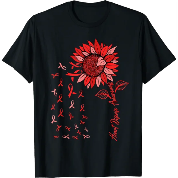 Heart Health Sunflower Red Heart Disease Awareness CHD T-Shirt, Unisex T-Shirt