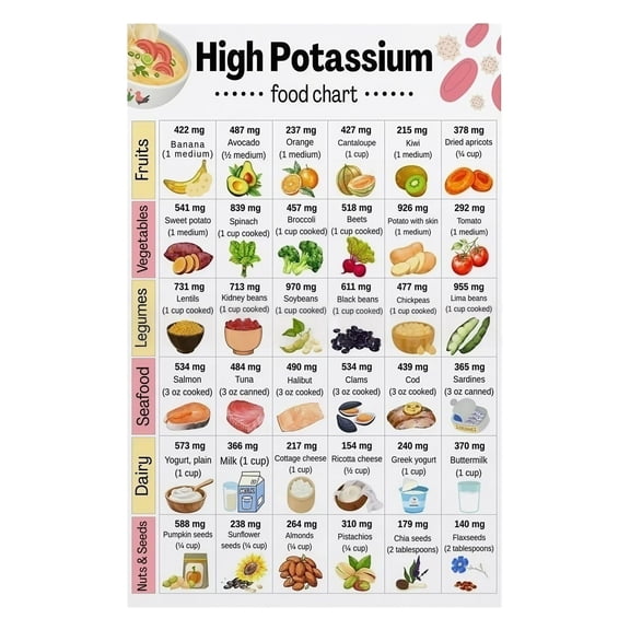Heart Healthy Eating Guide Poster High Potassium Foods Chart for Blood Pressure Support Low Sodium Diet Educational Wall Art for Kitchen Decor