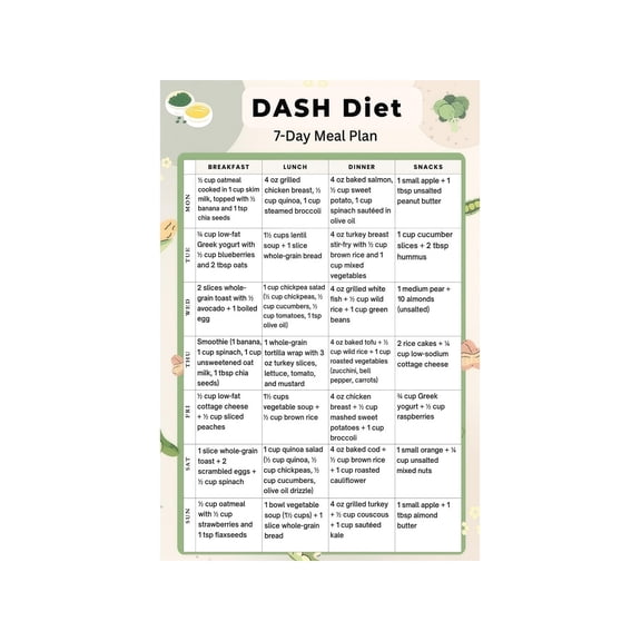 Heart Healthy Low Sodium Food List Poster DASH Diet Weekly Menu Guide Chart Printable Kitchen Wall Chart for Grocery and Meal Prep
