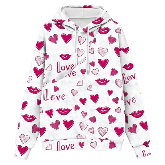Heart Hoodies for Women Printed Long Sleeve Sweatshirts Cute Holiday Pullover Tops Casual Loose Fit Sweater with Pockets Red XXXL