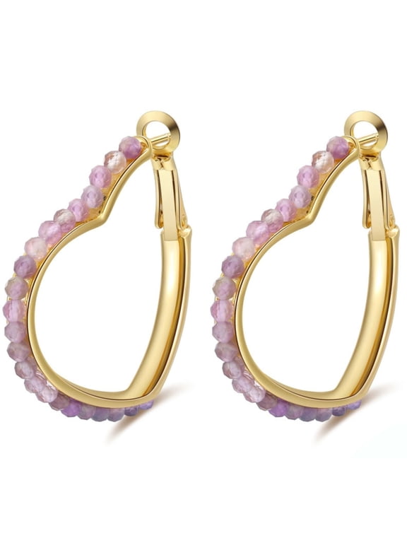 Heart Hoop Earrings for Women 14K Gold Plated Sterling Silver Natural Purple Amethyst