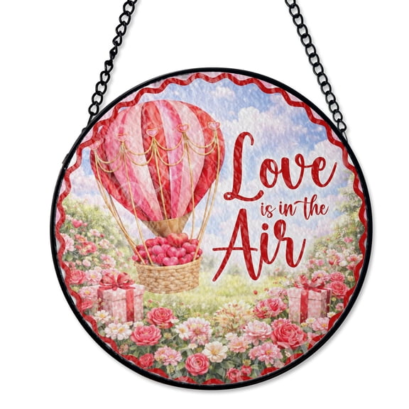 Heart Hot Air Balloon, Suncatcher Stained Glass Style, UV Printed Glass, Sky Lover Valentine, Round