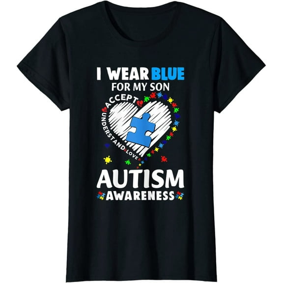 Heart I Wear Blue For My Son Autism Awareness Month T-Shirt Women Tops