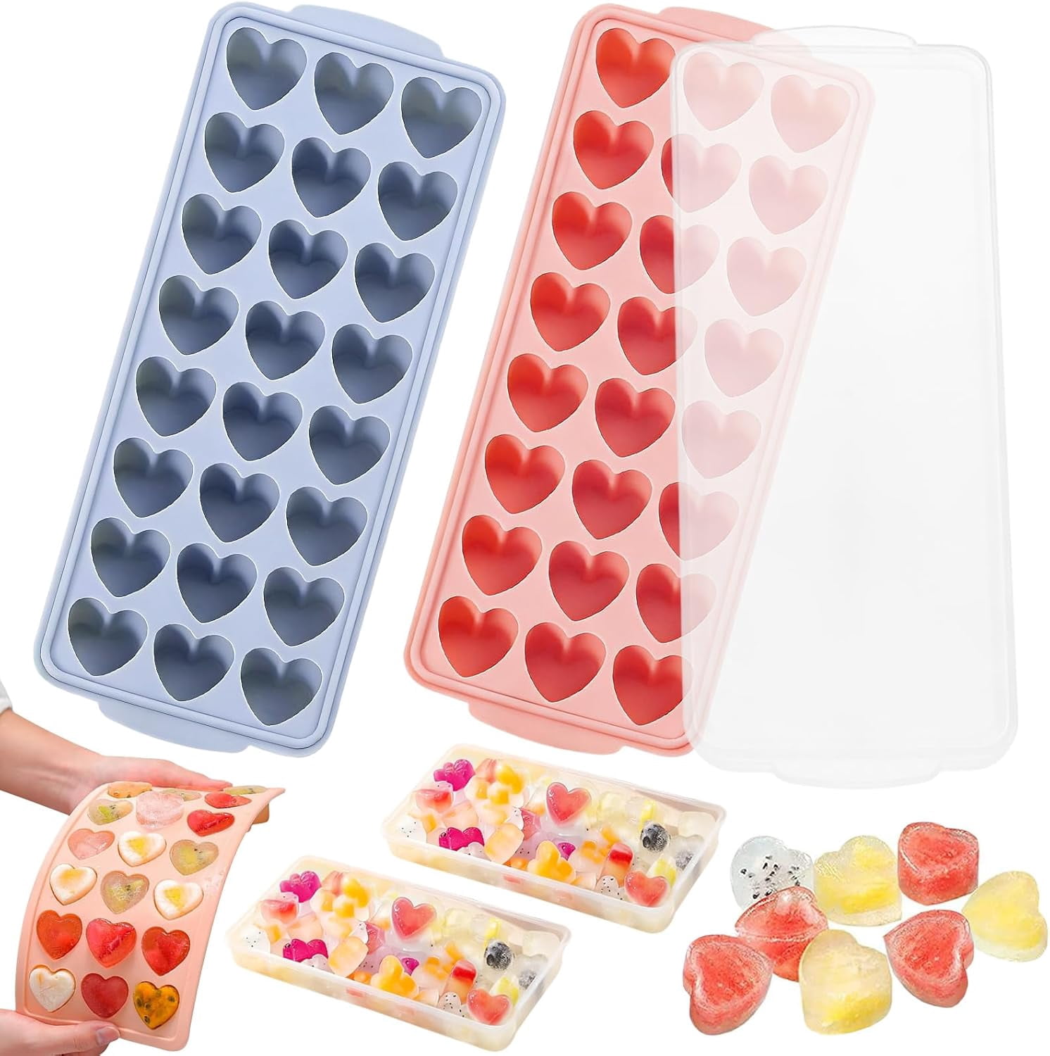 Heart Ice Cube Molds with Lid 2 Pcs Mini Heart Ice Cubes Tray for Whiskey Hearts Silicone Jello Chocolate Mold Hearts Pudding Soap Candle Molds Valentine Ices Cube Maker for Cocktails Beverages