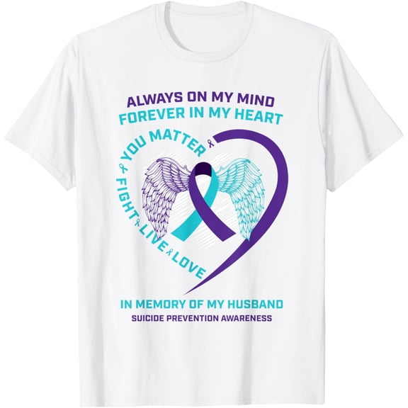 Heart In Memory Of My Husband Suicide Awareness Prevention T-ShirtMen and women, White T-shirt, size: Extra large