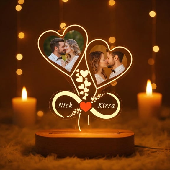 Heart Infinity Frame Custom LED Lamp Acrylic Plaque Wooden Base Engagement Gift Couple Anniversary Table Light