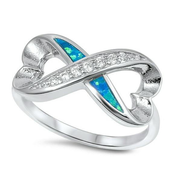 Heart Infinity Love White Cubic Zirconia Blue Simulated Opal Ring .925 Sterling Silver Female Size 9