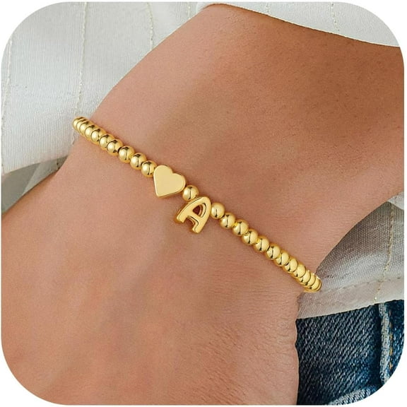 Heart Initial Bracelet for Women - Dainty Gold Beaded Bracelets for Women Trendy Charm Letter A-Z Personalized Heart Jewelry Gifts