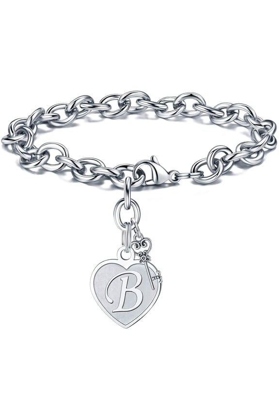 Heart Initial Bracelets for Women Gifts - Engraved 26 Letters Initial Charms Bracelet Stainless Steel Bracelet Birthday Christmas Jewelry Gift for Women Teen Girls