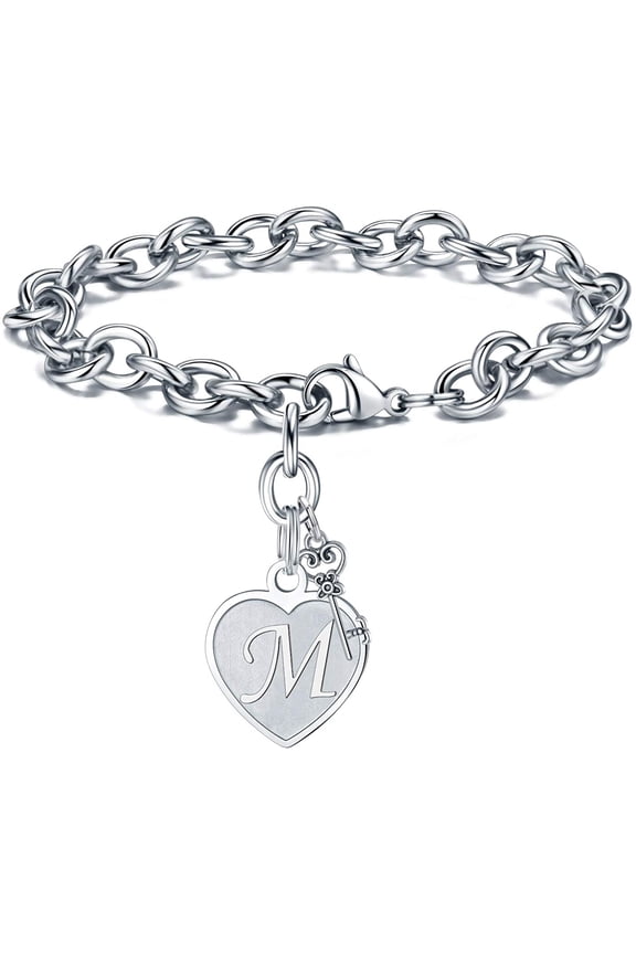 Heart Initial Bracelets for Women Gifts - Engraved 26 Letters Initial Charms Bracelet Stainless Steel Bracelet Birthday Christmas Jewelry Gift for Women Teen Girls
