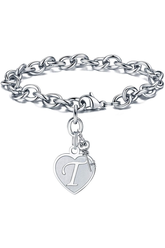 Heart Initial Bracelets for Women Gifts - Engraved 26 Letters Initial Charms Bracelet Stainless Steel Bracelet Birthday Christmas Jewelry Gift for Women Teen Girls