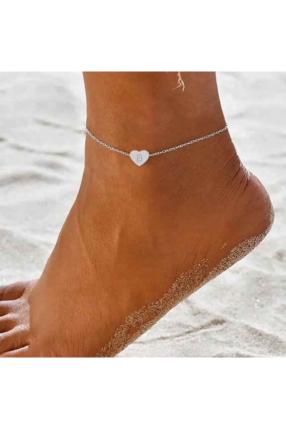 Heart Initial Letter Anklet for Women Layered Silver Chain Summer Jewelry Trendy Feminine Foot Bracelet