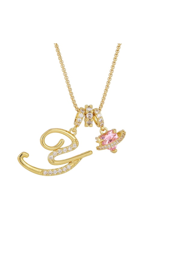 Heart Initial Necklace,3-Circle Pink Heart-Shaped Diamond-Encrusted Crystal Gold Initial A-Z Pendant Necklace Double Layer Stackable Jewelry for Women