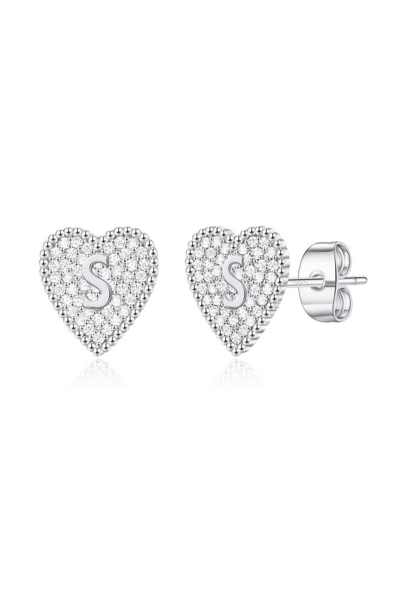 Heart Initial Stud Earrings for Women S925 Sterling Silver Post Hypoallergenic CZ Heart Women Earrings for Gold Plated Dainty Initial Earrings for Women
