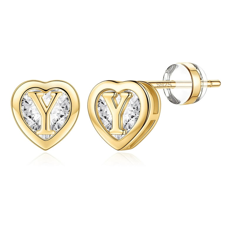 Heart Initial Stud Earrings for Women S925 Sterling Silver Post CZ
