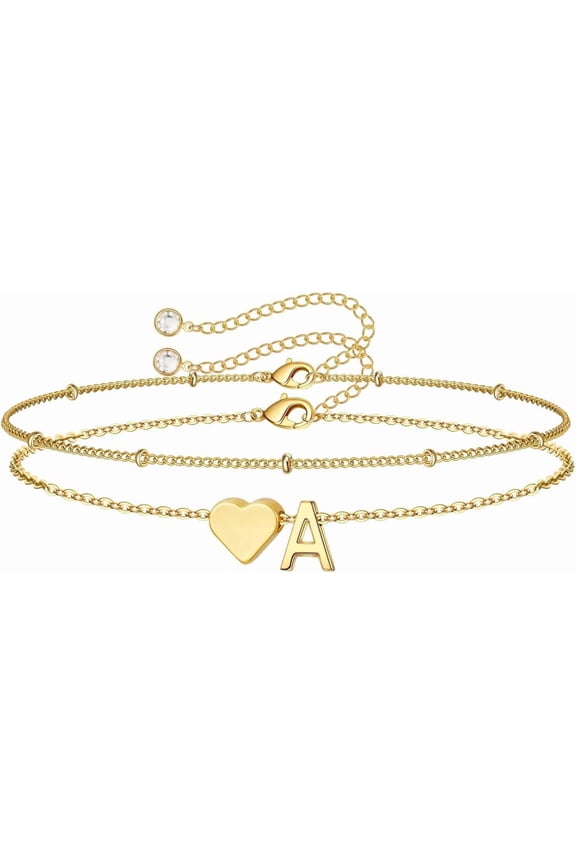 Heart Initial Women's Bracelet - 14K Gold-Plated Adjustable Delicate Bracelet, Christmas or Birthday Gift for Young Women