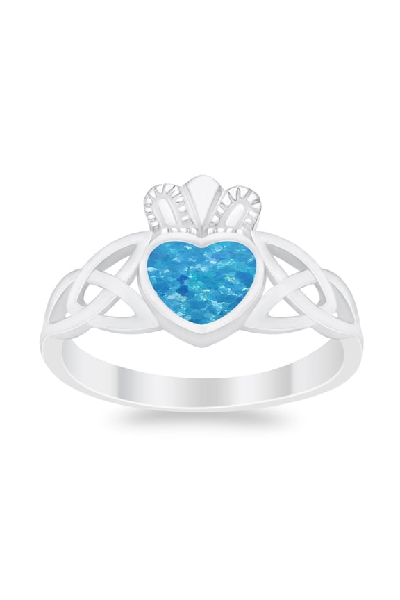 Heart Irish Claddagh Design Ring Lab Created Blue Opal 925 Sterling Silver Size 9