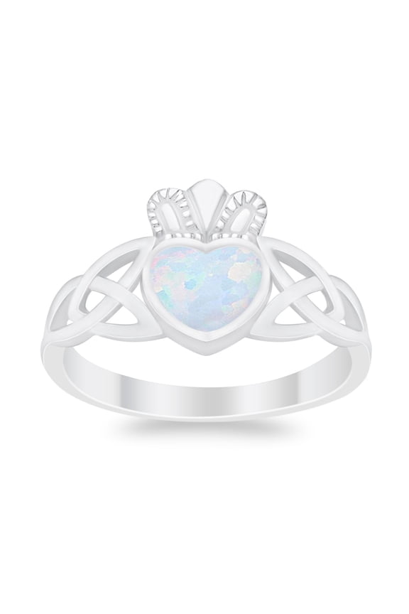 Heart Irish Claddagh Design Ring Lab Created White Opal 925 Sterling Silver Size 4