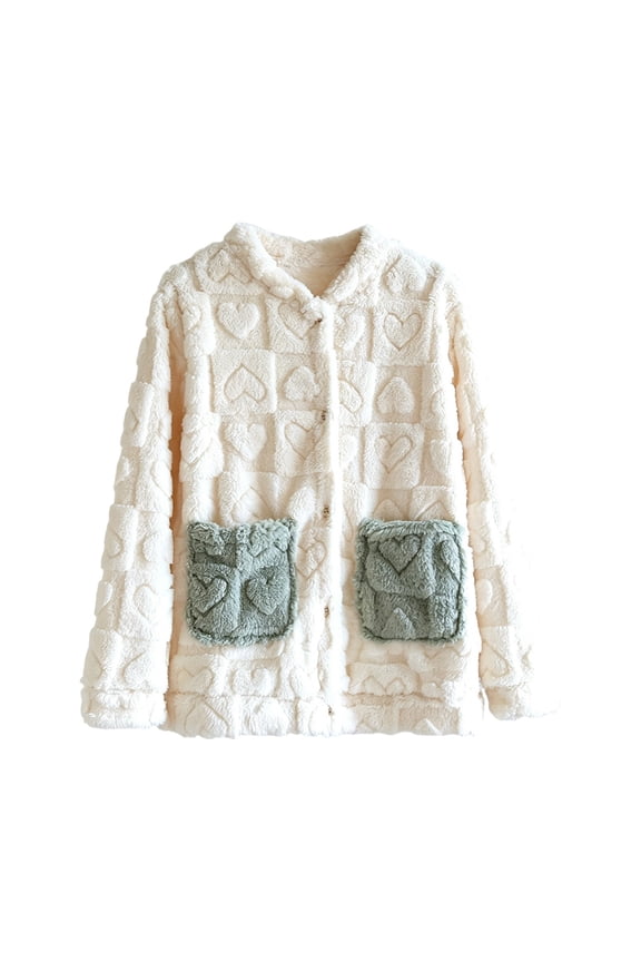 Heart Jacquard Bed Jackets for Women Fuzzy Flannel Button Up Loungewear Pajama Tops Soft Warm Sleepwear Winter Coat with Pockets