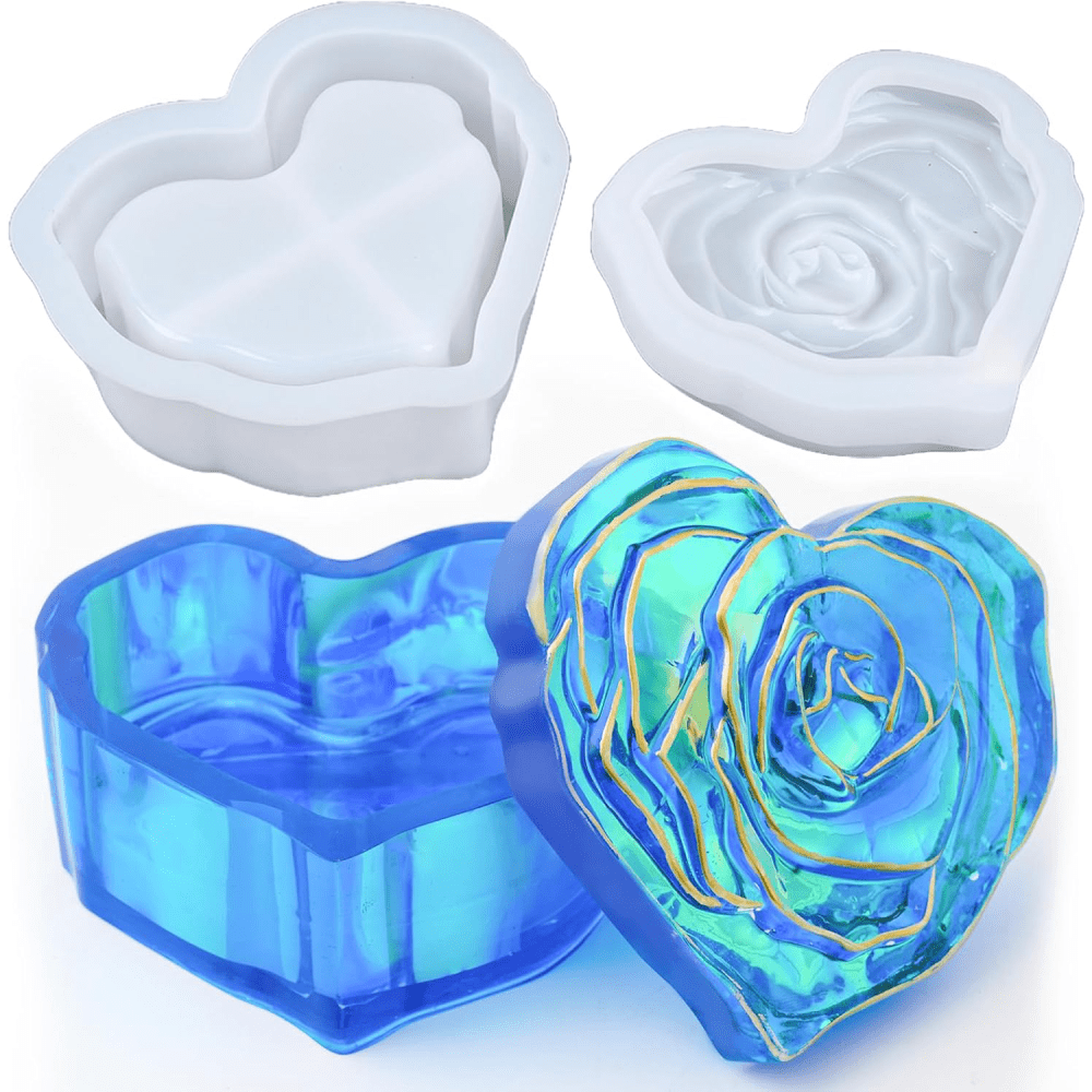 Heart Jar Silicone Molds with Rose Lid, Epoxy Resin Storage Box Casting Molds For DIY Candle Vessel Jewelry Candy Container Crafts