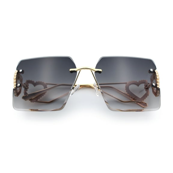 Heart Jewel Metal Hinge Rimless Oversized Rectangle Fashion Sunglasses Gold - Smoke