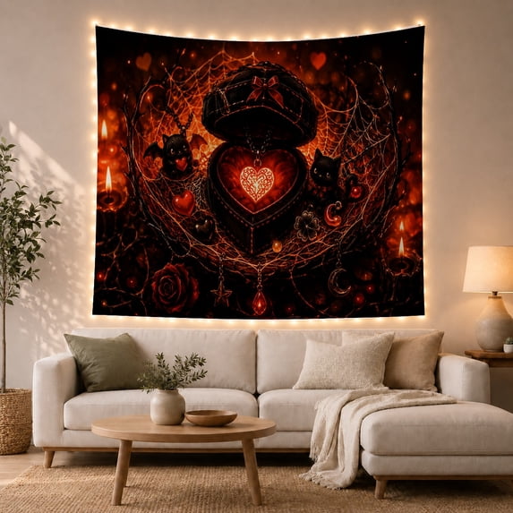 Heart Jewelry Box with Glowing Spiderwebs and Dark Branches, Moody Gothic for Dark Fantasy Lovers, Mystical Wall Decor, Halloween Gift, Tapestry Wall Hanging for Bedroom and Living Room